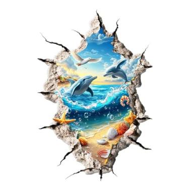 Imagem de MaiKeAYang Decalques de parede 3D murais removíveis vinil paredes decorações oceano golfinho pulando para sala de estar quartos de bebê quarto banheiro casa de banho decoração DIY