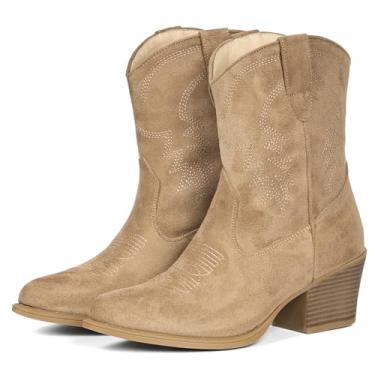 Imagem de IXU Botas caubói femininas cano curto cano curto bota clássica cano médio bico fino botas curtas grossas, Camelo de camurça, 36