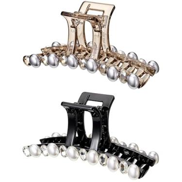 Imagem de Grampos de garra de cabelo com strass, clipes grandes de pérolas de cristal de plástico Textention para mulheres, festas de casamento elegantes, grampos de mandíbula de acrílico, decorações de fixação