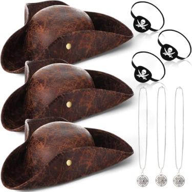 Imagem de Chicingyou Roupas de cruzeiro noturno pirata chapéus de pirata em couro a granel chapéu de tricórnio colar patch para os olhos festa em massa homens mulheres (9 peças, marrom)
