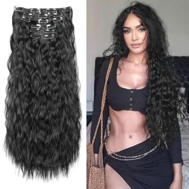 Imagem de Peruca de cabelo com clipe, 61 cm, 6 peças, extensões de cabelo sintéticas longas com clipe para mulheres (preto natural