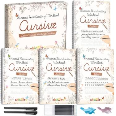 Imagem de chiazllta Pacote com 4 kit de prática de caligrafia cursiva ranhurada com canetas de tinta que desaparecem, cadernos de trabalho cursivos, reutilizáveis, ranhurados, para crianças iniciantes (palavras