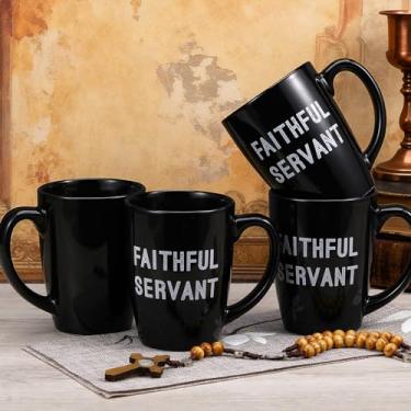 Imagem de Bokon Conjunto de 4 peças de canecas de cerâmica de servo fiel religioso conjunto de presentes de 340 g versículo bíblico cristão canecas de café azul escuro com alça para inverno, bebidas de Natal