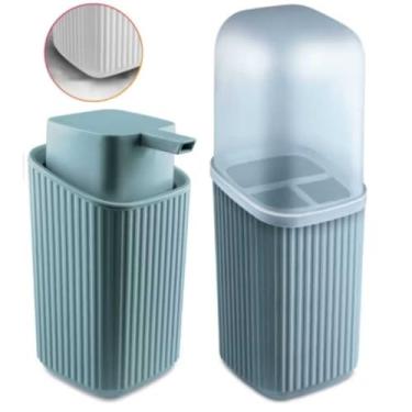 Imagem de Kit 2 Pecas Banheiro Porta Escovas Pasta e Porta Sabonete Liquido Dispenser 400Ml Pratico Resistente Anti Derrapante (Azul)