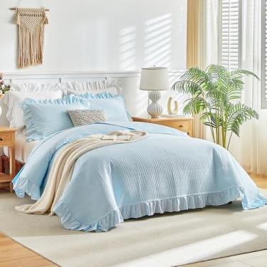 Imagem de Conjunto de colcha com babados azuis, tamanho casal/queen, 3 peças, conjunto de colcha listrada de casa de fazenda, lisa, leve e macia para todas as estações (1 colcha com babados + 2 fronhas)