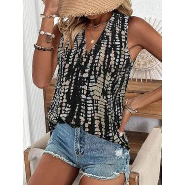 Imagem de Blusa feminina sem mangas com estampa preta e bege - regata solta com gola V para o verão casual, Preto, Large