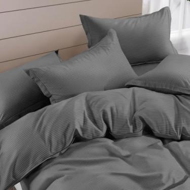 Imagem de Conjunto de cama risca cinza - capa de edredom de algodão respirável macio com fronhas | Roupa de cama moderna minimalista, resistente a rugas, estilo inspirado em hotel com fronhas de 71 x 71 cm