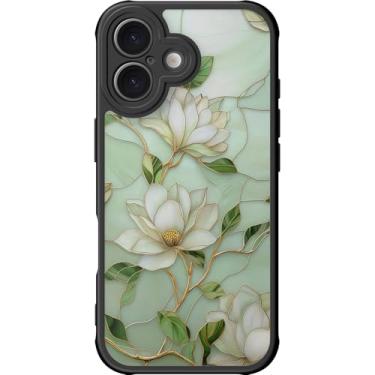 Imagem de DEENAKIN Capa fofa para iPhone 16 Plus, capa rígida floral estética, compatível com Magsafe, capa protetora fina e moderna exclusiva retrô coquete para mulheres e meninas, flores de magnólia vintage