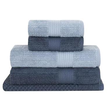 Imagem de Jogo de Toalhas de Banho Fio Penteado Canelado 5 Peças 100% Algodão Alta Absorção Banho Rosto e Piso (Azul Claro Azul Escuro)