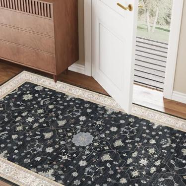 Imagem de Tapete de área 7,5 x 12,7 cm para entrada, tapete pequeno preto Boho lavável, tapete macio moderno de pelo baixo, tapete para quarto, cabeceira, sala de estar, banheiro, sala de jogos, cozinha, sala