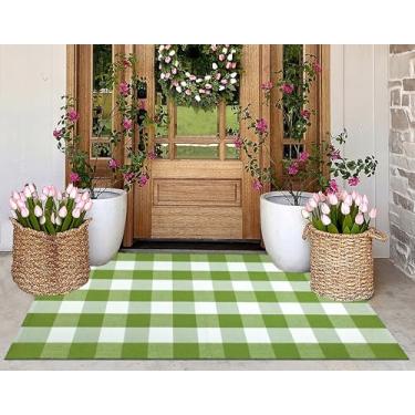 Imagem de Tapete verde e branco para uso ao ar livre, 1,5 m x 1,5 m, tapete de varanda xadrez de algodão, lavável à máquina, tapete para porta de boas-vindas, entrada, quarto, sala de estar