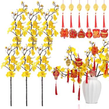 Imagem de Luinabio Conjunto de 18 peças de decorações de ano novo vietnamita inclui 6 flores artificiais Ochna Integerrima, 12 enfeites de pingente de nó vietnamita vermelho para pendurar HOA Mai Vai TET para