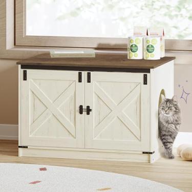 Imagem de Hzuaneri Caixa de areia para gatos com almofada, móveis de caixa de areia oculta com divisórias removíveis, entrada reversível lado esquerdo ou direito, casa de gato, branco rústico e marrom CB84614X