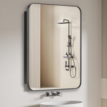 Imagem de FOMAYKO Armário de remédios para banheiro com espelho emoldurado de aço inoxidável de 41 x 66 cm, armário embutido ou montado na superfície, armário de armazenamento para banheiros, quartos de