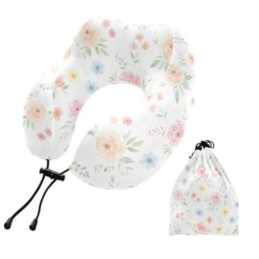 Imagem de Burbuja Almofada de pescoço de flores em aquarela para viagem, almofada de viagem de espuma viscoelástica para dormir, suporte de cabeça de avião de carro, lavável na máquina e portátil