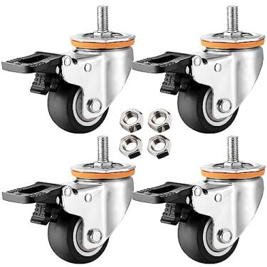 Imagem de Pacote com 4 rodas giratórias resistentes - M10 M12 rosqueadas, 6,3 cm 7,6 cm 10,2 cm 12,7 cm borracha TPR com freios de travamento duplo, substituição perfeita para carrinhos e equipamentos de móveis