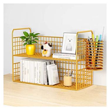 Imagem de Estante organizadora de mesa dourada organizador de mesa 2 camadas rack de armazenamento de mesa de escritório material de escritório organizador de mesa com suporte de caneta, estrutura de malha de