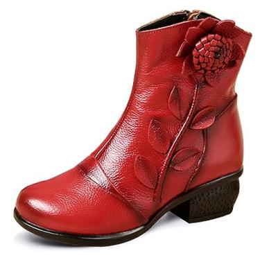 Imagem de Bota feminina de couro até a metade da panturrilha, étnica, floral, bico redondo, salto baixo, cano baixo, com zíper lateral, 1 vermelho, 38