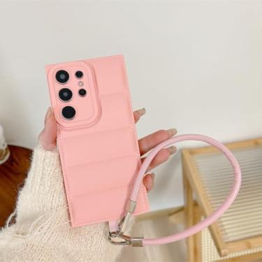 Imagem de Capa de couro com airbag para jaqueta de penas para Samsung Galaxy S25ultra S24 Plus S23 FE S21 Ultra A56 A26 A52 A32 Capa de alça de pulso, rosa, para Samsung S25Ultra