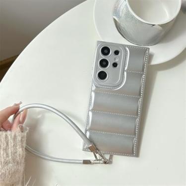 Imagem de Capa de couro com airbag para jaqueta de penas para Samsung Galaxy S25ultra S24 Plus S23 FE S21 Ultra A56 A26 A52 A32 Capa de alça de pulso, prata, para Samsung S22Plus