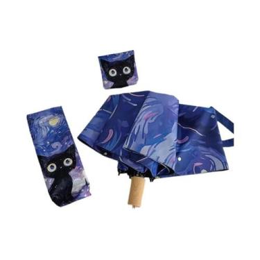 Imagem de Guarda-chuva Dobrável Feminino Azul Verde Roxo Com Estampa De Gato Car