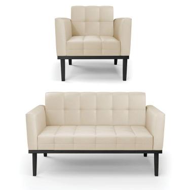 Imagem de Conjunto Poltrona E Namoradeira Decorativa Pés Fixo Em Madeira Preto Pu Bege