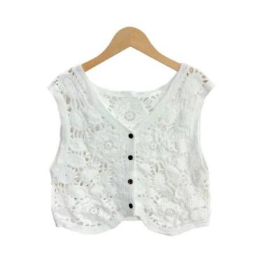 Imagem de Blusa Feminina Crochê Sem Mangas - Blusa Curta de Renda Boho para Prim