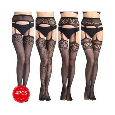 Imagem de Meias De Rede De Verão Com Cinta-Liga 4pçs/1pçs, Meias-Calça Acima Do 