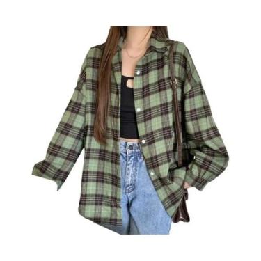 Imagem de Camisa Jaqueta Xadrez Tartan Oversized Feminina Manga Longa Com Botões