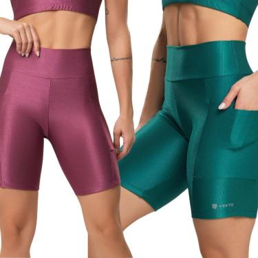 Imagem de KIT 2 Bermuda Fitness Com Bolso Esmeralda Serra e Mar Cós Alto Academia Treino Moda Musculação-Feminino