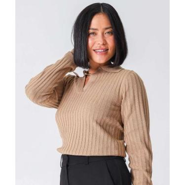 Imagem de Suéter Feminino Polo Textura Manga Longa Marisa Bege-52451, Bege, P