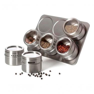 Imagem de Porta Tempero e Condimento Magnético 6 Potes em Aço Inox com Base Triangular para Cozinha Inox