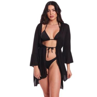 Imagem de Saída De Praia Vih Triny De Ponta Chemise Feminino Moda Verão, Preto, 