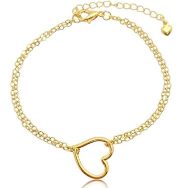 Imagem de Pulseira Corrente Dupla e Coração Vazado Folheada a Ouro 18k Semijoia