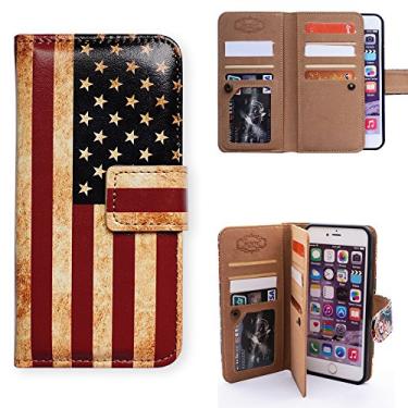 Imagem de Bcov Capa carteira para iPhone 8 Plus, capa carteira de couro flip retrô com bandeira americana multifuncional com compartimento para cartão de crédito, alça de pulso para iPhone 8 Plus