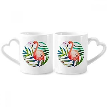 Imagem de Conjunto de canecas de porcelana para casais, flores de flamingo, flores tropicais, coração