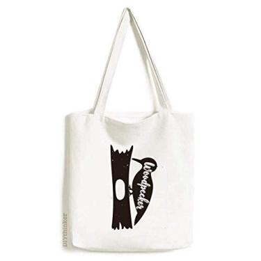 Imagem de Woodpecker Bolsa de lona preta e branca para compras, bolsa casual