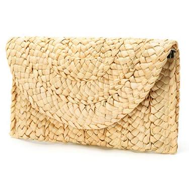 Imagem de Obosoyo Bolsa clutch feminina de palha bolsa de palha bolsa envelope carteira bolsa de praia verão bolsa de tecido carteira, Bege
