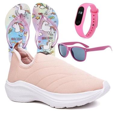 Imagem de Tenis Infantil Meninas Calce Facil Leve Tipo Meia + Chinelo Oculos Relogio Cor:Rosa;Tamanho:34