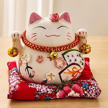 Imagem de Gato Chinês Da Sorte, Gato Da Sorte Da Sorte, Caixa De Dinheiro, Com Almofada Vermelha, Com Sinos, Cerâmica Saudável E Rica, Estatuetas Inovadoras, Dinheiro Do Cofrinho Para Gatos, Decoração De Ca