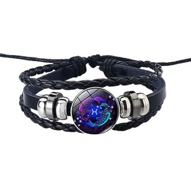 Imagem de Pulseira espiritual dos signos do zodíaco, pulseiras de couro do zodíaco ajustáveis multicamadas com doze constelações, pulseira de couro com pedra do tempo de 12 signos do zodíaco (Pisces)