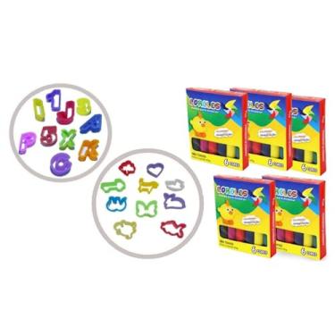 Imagem de Genérico Kit de Modelagem Educativo 5 Caixas Massinha 65g + 50 Cortadores Letra Numero Forminhas Mimos