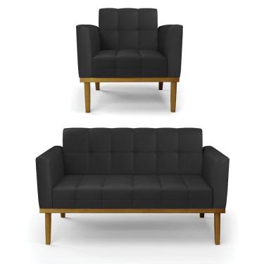 Imagem de Sofá Namoradeira e Poltrona Base de Madeira Castanho Elisa Corino Preto D03 - D`Rossi