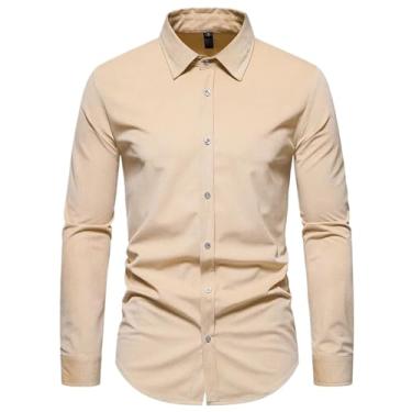 Imagem de Camisa masculina de manga longa primavera cor sólida casual veludo cotelê gola virada para baixo camisas masculinas vintage negócios, Caqui, G