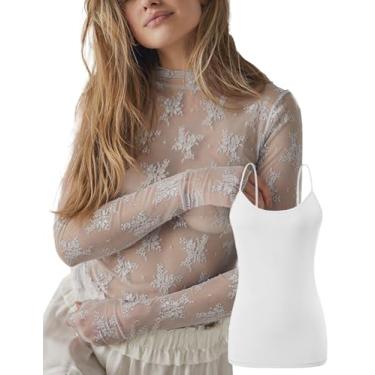 Imagem de Blusa feminina de malha de renda de verão sexy gola redonda manga comprida casual transparente camiseta floral com camiseta de duas peças, Cinza transparente com cami, M