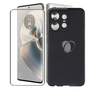 Imagem de AQGGIIXY Capa de celular para Motorola Edge 50 Pro, com 1 peça protetora de tela, suporte de anel giratório de 360°, capa ultrafina preta de silicone macio à prova de choque para Motorola Edge 50 Pro