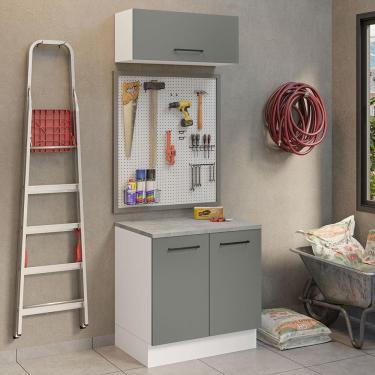 Imagem de Kit com Balcão e Armário Aéreo Multiuso 80cm Branco/Cinza Agata Madesa