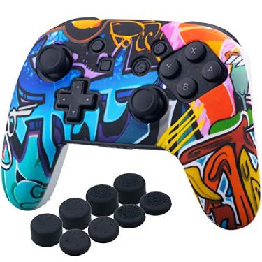 Imagem de YoRHa Studded Silicone Transfer Print Cover Skin Case ONLY for Nitendo Official Switch Pro Controller x 1(Comic Graffiti) with Pro Thumb Grips x 8