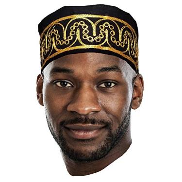Imagem de Dupsie's Adebo Chapéu Kufi Africano Preto com Bordado Dourado - Tamanho Único
