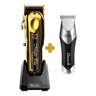 Imagem de Kit Máquina de Cortar Cabelo Wahl Magic Clip Cordless Gold Bivolt + Máquina de Acabamento Wahl Launch Trimmer Bivolt .